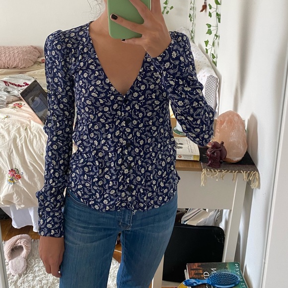 Reformation Long Sleeve Navy Floral Top 